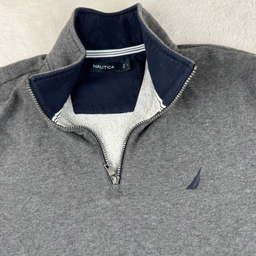 Nautica Quarter Zip Pullover Mens Large Grey Mock Neck Embroidered Logo Sweater